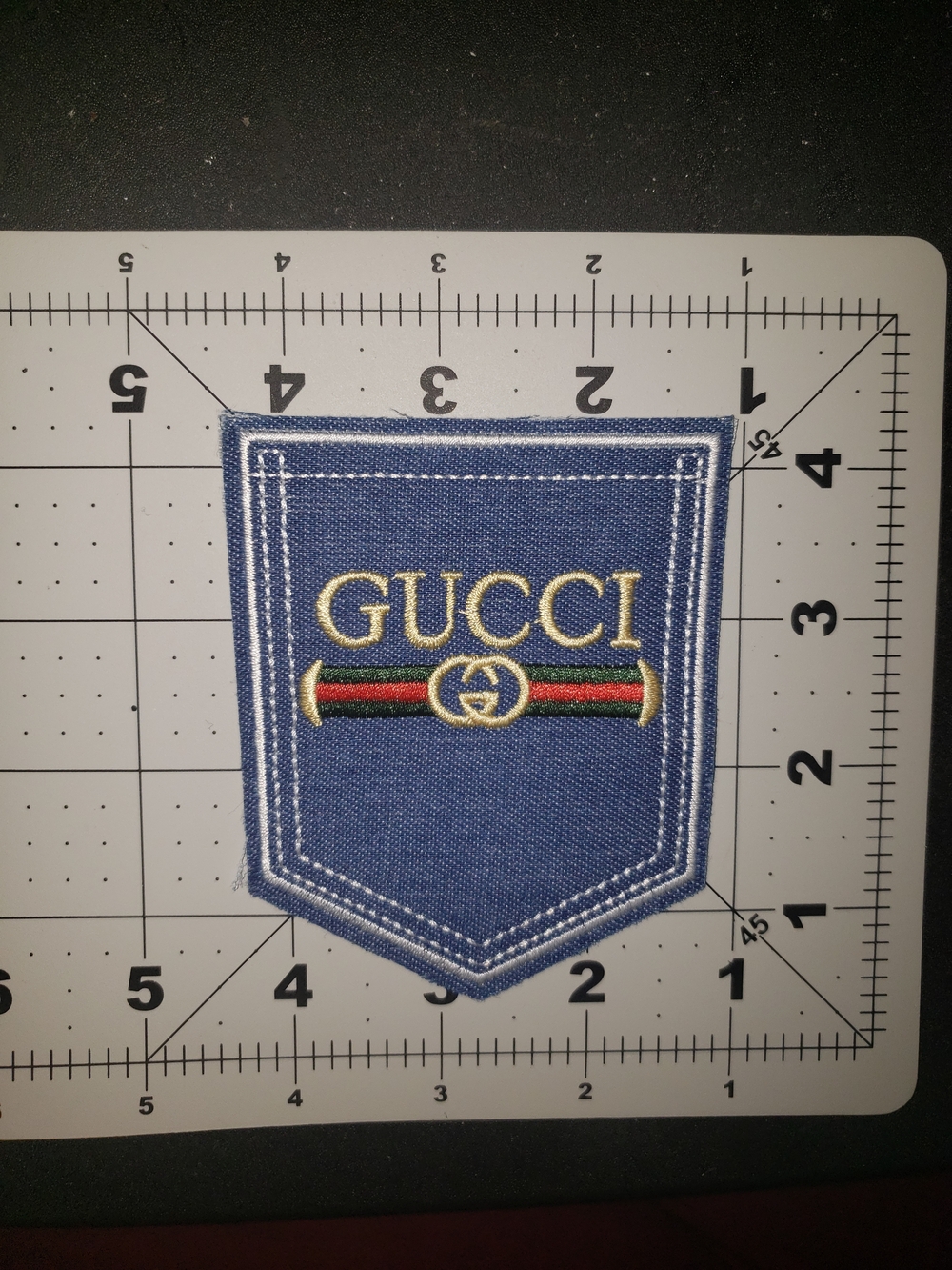 Gucci Blue Denim Pocket Patch with Gold Logo and Red/Green Stripe